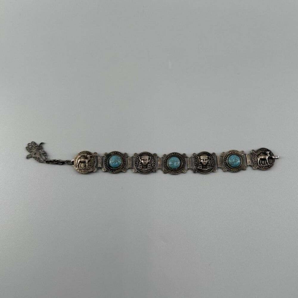 Vintage Art Deco Egyptian Revival Hamsa Hand Bracelet Pharaoh Camel Turquoise
